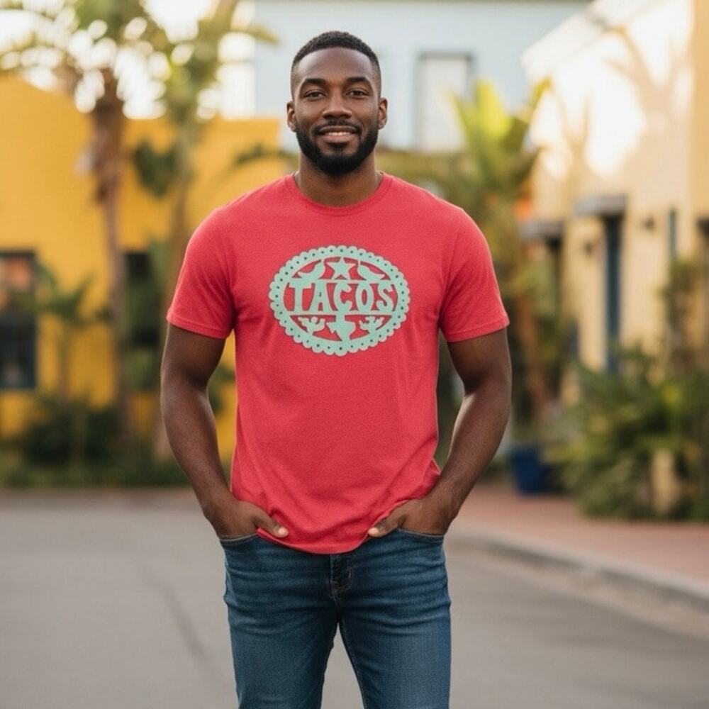 Tumbleweed TexStyles Mens L Red Tacos Texas Papel Picado Graphic T-Shirt